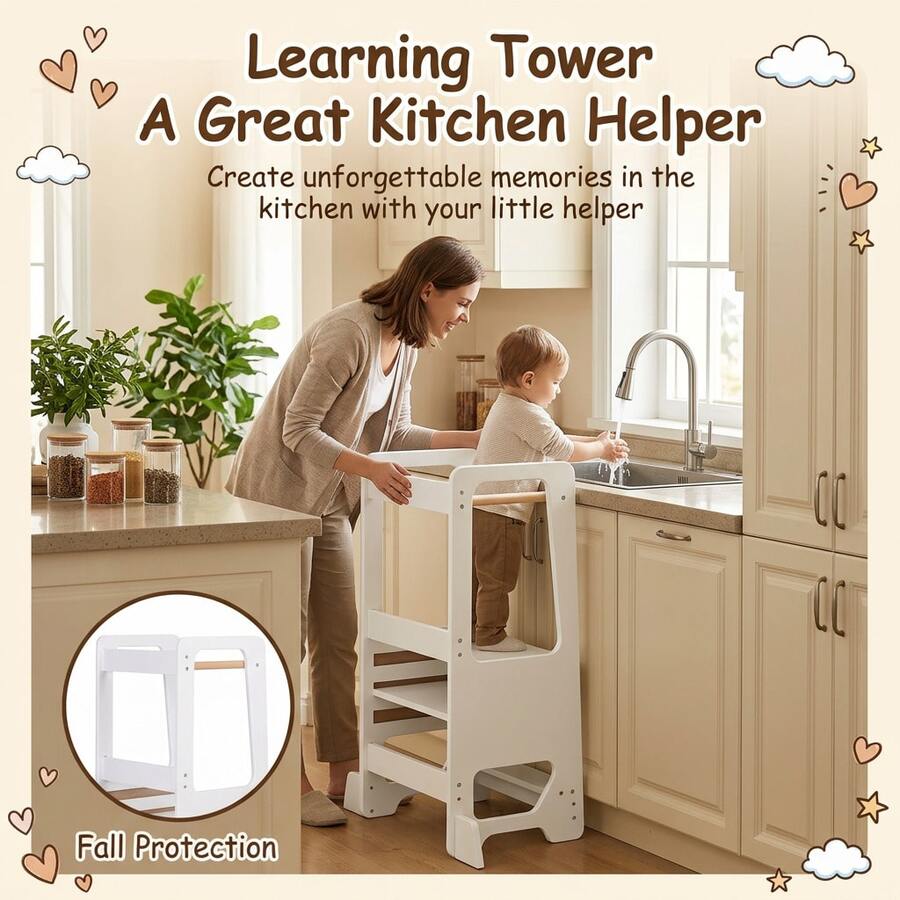 UBRAVOO Wooden Toddler Kitchen Helper Tower With Adjustable Height, Learning Standing Stool For Kids & Toddlers, Non-Slip Step Stool For Bathroom Kitchen - White - View 1