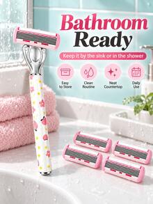 Women's Manual Razor Set With Replaceable Blades, Floral Pattern Handle Body Shaver, Smooth Hair Removal For Legs, Underarms, Arms And Bikini Area, Portable Daily Grooming And Travel Beauty Tool - Multicolor - View 7