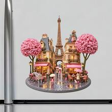 Paris Rainy Street Fridge Magnet, A Romantic Walk Beneath Pink Blossoms For Warm Kitchen Memories For All Metal Surfaces Throughout The Home - A - View 2