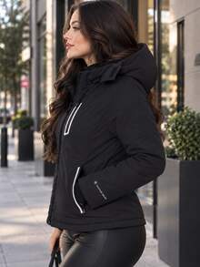 Chamarra Acolchada para Mujer de Invierno con Capucha Desmontable, Forro Interior Suave, Bolsillos con Cierre y Puños Ajustables, Chaqueta Cálida Casual Urbana - Negro - Ver 7