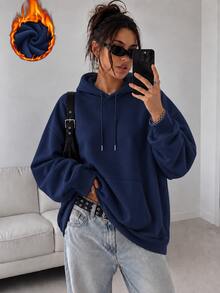 女款秋冬新款寬鬆休閒時尚純色百搭保暖內裡運動衫 - 藏蓝色 - 查看 2