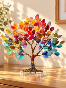 1pc 10.2 Inch Colorful Tree Of Life Decor, Acrylic Flat Translucent Leaf Sculpture With Transparent Oval Base, Waterproof Scratch-Resistant Desktop Ornament, Living Room Home Decor Light Catcher, Bedroom, Office Desk, Autumn Decoration And Housewarming Gift - Multiple Styles - View 2