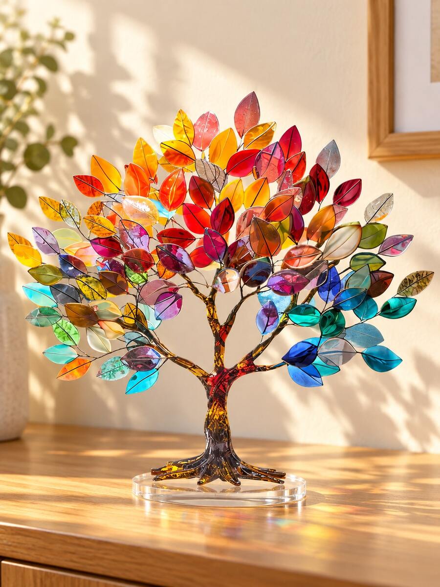 1pc 10.2 Inch Colorful Tree Of Life Decor, Acrylic Flat Translucent Leaf Sculpture With Transparent Oval Base, Waterproof Scratch-Resistant Desktop Ornament, Living Room Home Decor Light Catcher, Bedroom, Office Desk, Autumn Decoration And Housewarming Gift