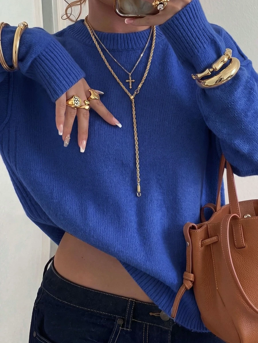 Women's Loose Solid Color Crew Neck Sweater, Drop Shoulder Long Sleeve Knit Pullover, Casual Autumn Daily Wear - Blue - View 1