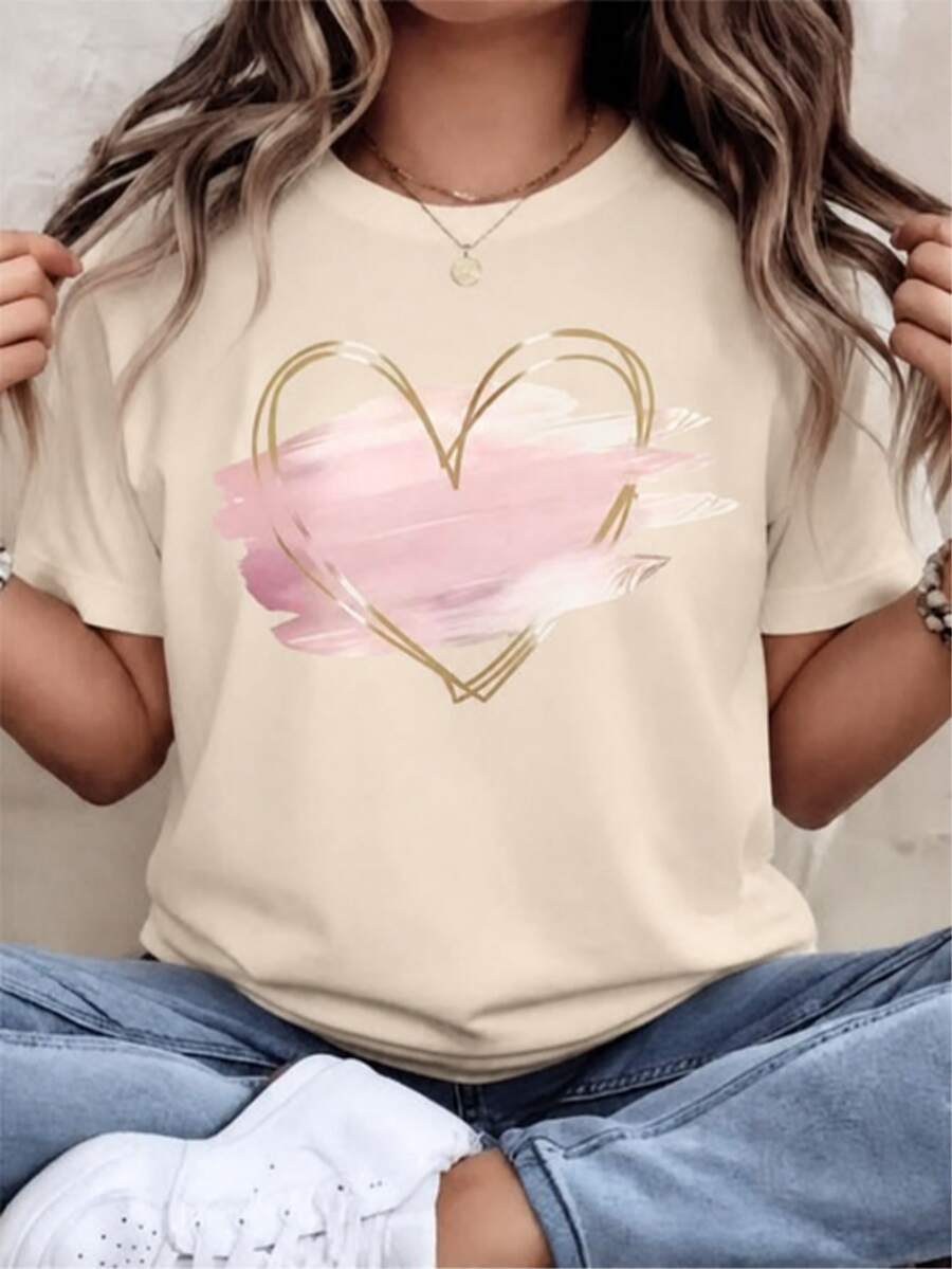 Camiseta femenina de manga corta con cuello redondo, tejido ligero y cómodo, corte versátil ideal para uso diario, salidas y combinaciones sencillas en temporada cálida - Albaricoque - Ver 1