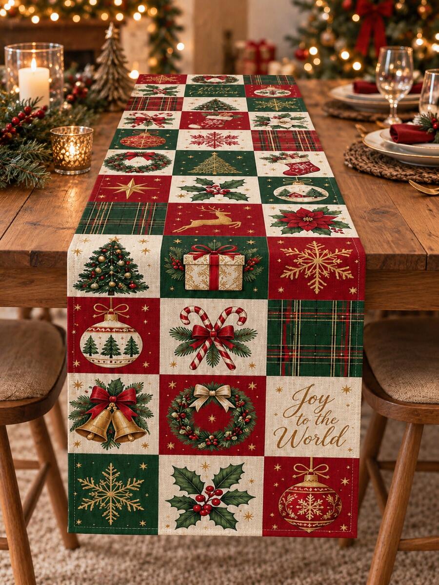 1pc Red & Green Patchwork Christmas Table Runner, Vintage Linen Rectangular Tablecloth Decoration, Plaid, Poinsettia, Holly, Snowflake And Ornament Print, Christmas Dinner, Party, Winter Home Decor Holiday Table Centerpiece - Multicolor - View 1