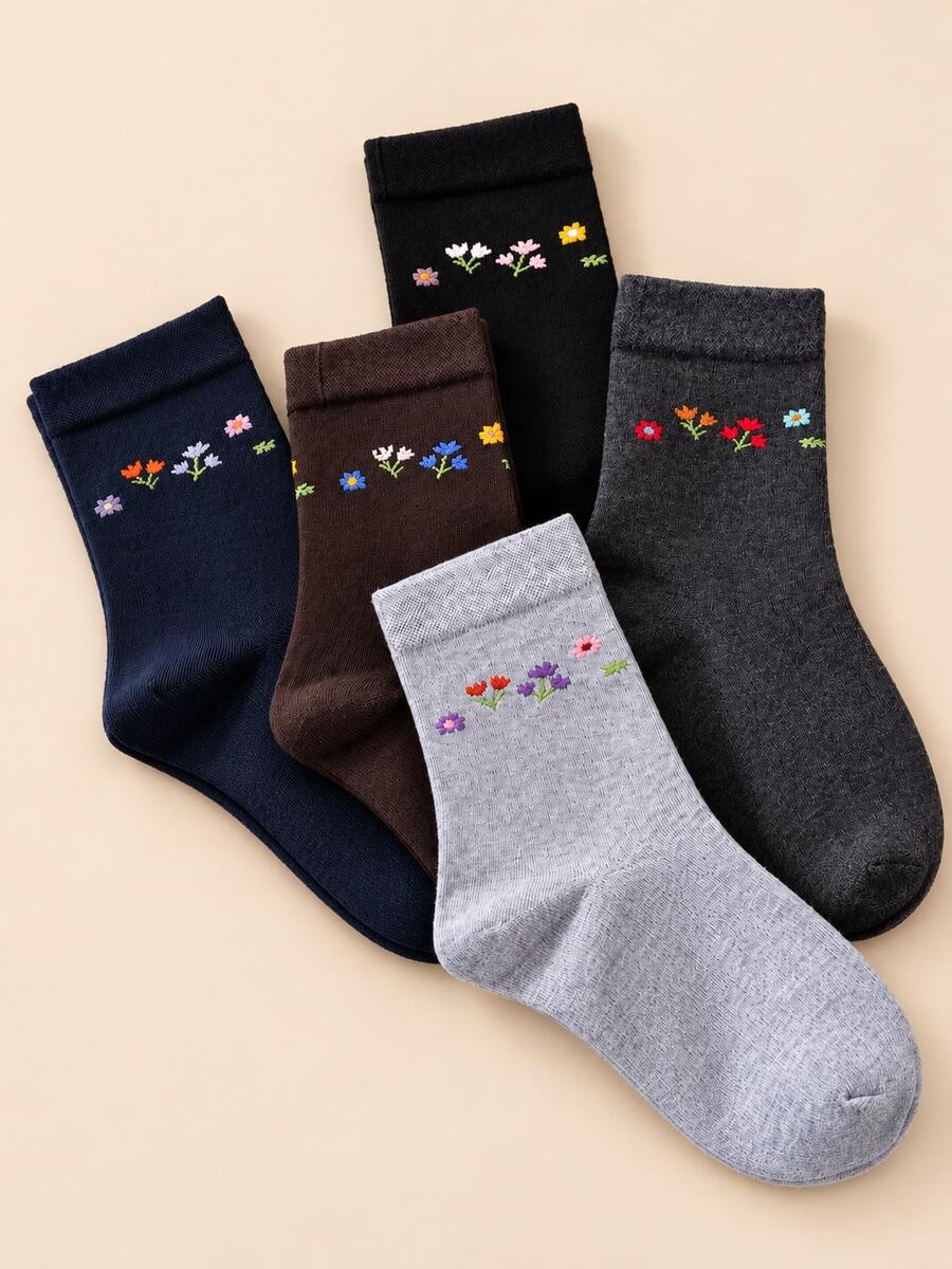 5 pares de calcetines de media caña para mujer, con patrón floral bordado, estilo artístico vintage, unicolor acanalado, estilo Mori dulce, versátil casual, calcetines para uso diario en otoño/invierno, múltiples colores disponibles - Multicolor - Ver 1