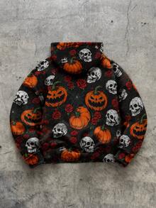 FRACTYR Men's Halloween Pumpkin Skull Rose Spider Web All-Over Print Sweatshirt, Holiday Streetwear Loose Casual Pullover - Black - View 8