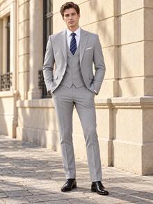 Men's 3 PiecesFormal Suit Set, Slim Fit Single-Breasted 2-Button Blazer, V-Neck Vest And Trousers, Suitable For Business, Wedding, Daily Work - Light Grey - View 12