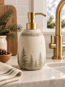1pc Farmhouse Christmas Soap Dispenser, Neutral White Refillable Liquid Hand Soap Lotion Pump Bottle With Gold Pump, Rustic Winter Bathroom Kitchen Sink Countertop Decor - Multicolor - View 2