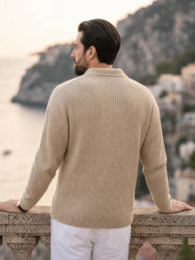 Men's Fashion Casual Holiday Daily Commute Home Versatile Pullover Sweater, Loose Fit Ribbed Solid Color Minimalist Knit Top, Long Sleeve Turn-Down Collar, Autumn/Winter - Khaki - View 3
