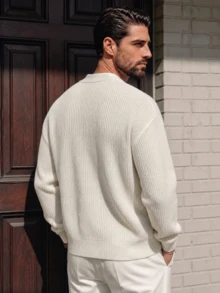 Men's Cardigan, Daily Commute Casual Streetwear Versatile Solid Color Minimalist Retro Japanese Korean Style Long Sleeve Loose V-Neck Button Up Sweater, Autumn/Winter - Beige - View 3