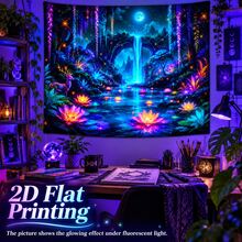 2D Flat Pattern, 1pc, Dreamy Wonderland Tapestry, Vibrant Colors, Fluorescent Stone Arch, Waterfall, Full Moon Pattern, Glows Under Fluorescent Light, Wall Decoration Backdrop, Party Decor - Multicolor - View 9
