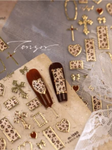 1 3D Leopard Print Cross Heart-Shaped Nail Art Luxury Sticker, Gold Border Retro Y2K Nail Art Decoration Sticker, Nail Charm Decoration Sticker - Multicolor - View 5