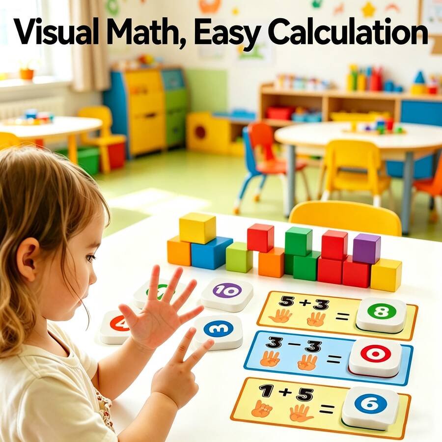 1 bộ đồ chơi học toán Montessori, khối đếm màu sắc và thẻ flash phép tính, giáo cụ trực quan dạy cộng trừ, đồ chơi nhận thức giáo dục sớm, trò chơi tương tác cha mẹ và con cái, công cụ dạy toán cho lớp mầm non