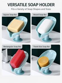 1pc Leaf-Shaped Soap Dish With Drainage Function, Suction Cup Soap Holder, Bathroom Accessory, Soap Storage Box, Bathroom Storage & Organization (Grey, Green) Home Bathroom Decor Autumn Decor Back To School - Multiple Styles and Colors - View 4