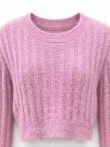 JustMiss Women's Crew Neck Long Sleeve Fuzzy Knit Cropped Sweater, Exposed Waist, European And American Style, Autumn/Winter - Pink - View 10
