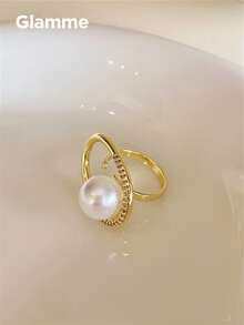 1 buah Cincin Emas Mewah Berbentuk Oval Berongga dengan Mutiara Terbuka, Desain Modis dan Unik, Cincin Jari yang Elegan - Emas - View 4