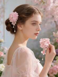 2PCS Gentle Endless Fairy Mori Style Hydrangea Tassel Hair Clips For Women, Vacation Atmosphere Photography Hair Flower Hair Clips Jewelry - Pink - View 1