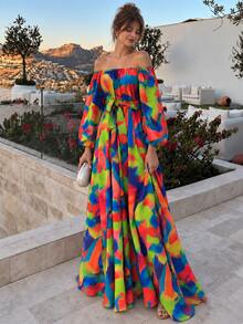 Women's Fashion Off Shoulder Cinched Waist Waist Random Print Dress, Elegant Commuter Dress - Mixed Colors - View 1