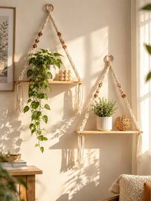 1pc Bohemian Style Macrame Wall Hanging Shelf, Light Wood Rope Rack With Tassel Decor, Boho Rustic Plant Hanger For Indoor Living Room Bedroom Wall, Modern Macrame Hanging Storage Rack, Multi-Function Beaded Woven Wall Shelf, Simple Elegant Hanging Rack, Fashionable Home Decor Display Shelf, Suitable For Bathroom Kitchen Bedroom Or Living Room Wall - Multicolor - View 10