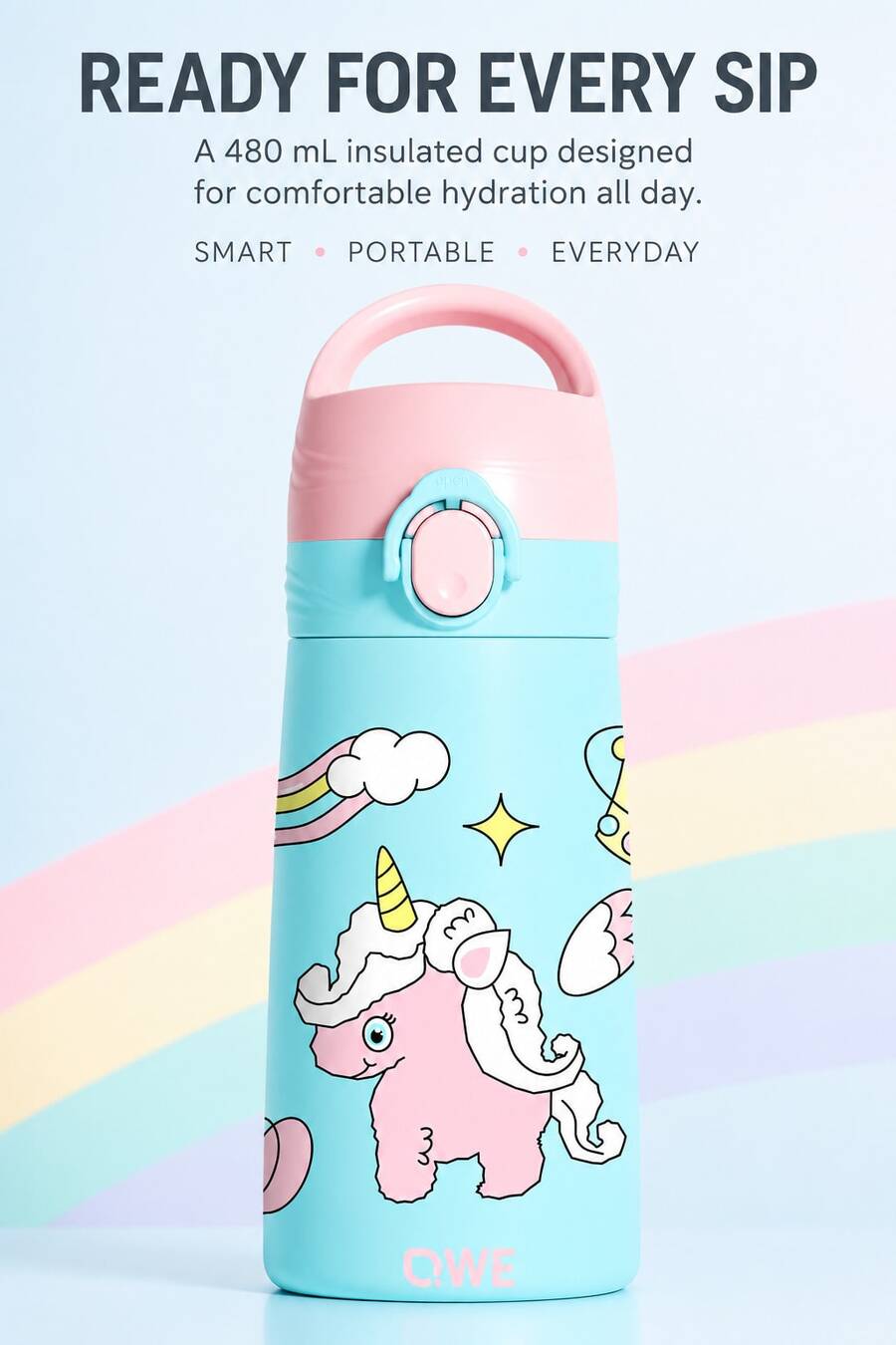 QWE 480ml 316 Stainless Steel Insulated Straw Cup With Silicone Straw, Cartoon Design, Portable Water Bottle For Kindergarten And Primary School Students - Cadet Blue - View 1