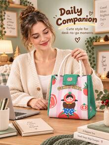 Casual Polyester Lunch Tote Bag, Foil Lining, Cartoon Girl Print, Rope Handle, Snap Button Flap, Wide Opening, Portable Insulated Lunch Bag, Suitable For Work, School, Office, Picnic, Travel, Dorm, Daily Commute, Holiday - Multicolor - View 3