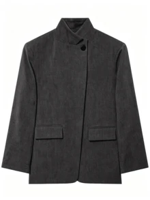 Blazer Kasual Wanita Warna Abu-abu Gelap Elegan dengan Kerah Asimetris untuk Musim Semi, Gugur, dan Musim Dingin, Gaya Vintage, Cocok untuk Bepergian dan Pakaian Kantor - Grey - View 7