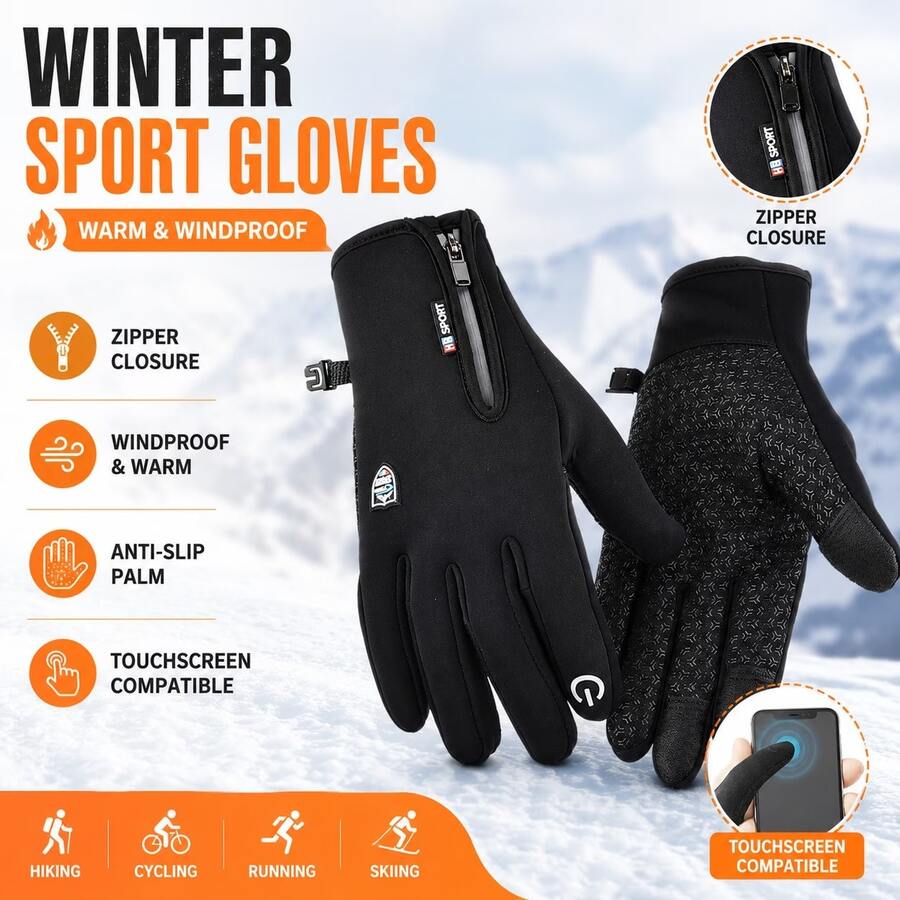 1雙冬季防風保暖內裡運動觸控手套,戶外滑雪騎行手套,防滑耐磨掌心,拉鍊腕口可調緊度,厚實保暖面料,支援手機觸控,防風,適用於騎行、徒步、攀岩、長距離跑步,男女通用,冬季戶外工作防寒防滑手指手套 - 貼標款黑色手套 - 查看 1