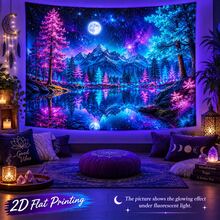 2D Flat Pattern, Single Piece, Mountain And Lake Reflection Tapestry, Snowy Mountain, Pine Forest, Starry Sky, Lake Reflection Pattern, Glows Under Fluorescent Light, Suitable For Wall Decor, Backdrop, Party Decoration - Multicolor - View 7
