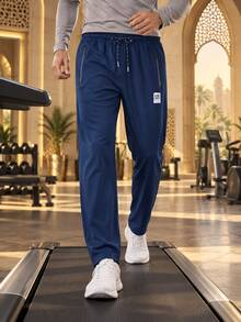 Men's Golf Sports Pants, Solid Navy Blue Waist Drawstring Long Pants, With Zipper Pockets, Regular Fit Full Length Smart Casual Outdoor, Sports Gym Running, Party Date - Blue - View 2