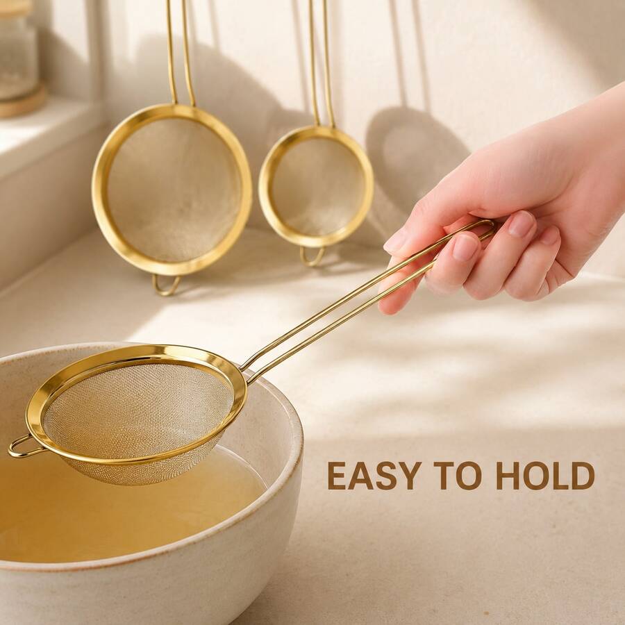 3 buah Saringan Jaring Emas Stainless Steel, Filter Jaring Halus, Dapat Digunakan Kembali, Tahan Lama, Pengayak Tepung Hemat Ruang yang Dapat Digantung, Alat Pembuat Kue, Filter Minyak, Sendok Penyaring, Aksesoris Dapur, Peralatan Dapur - MultiWarna - View 1