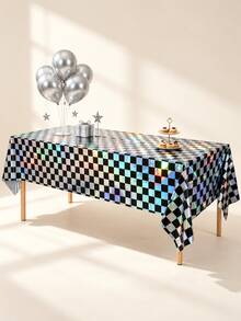 Holographic Black & Silver Checkerboard Tablecloth, 54 X 72 Inch Rectangular Plastic Table Cover For Birthday Parties, Disco Events & Celebrations - Black - View 4