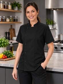 Women's Professional Black Chef Jacket, Classic Stand Collar Design, Woven Fabric, Regular Fit, Practical Workwear Fall - Black - View 7