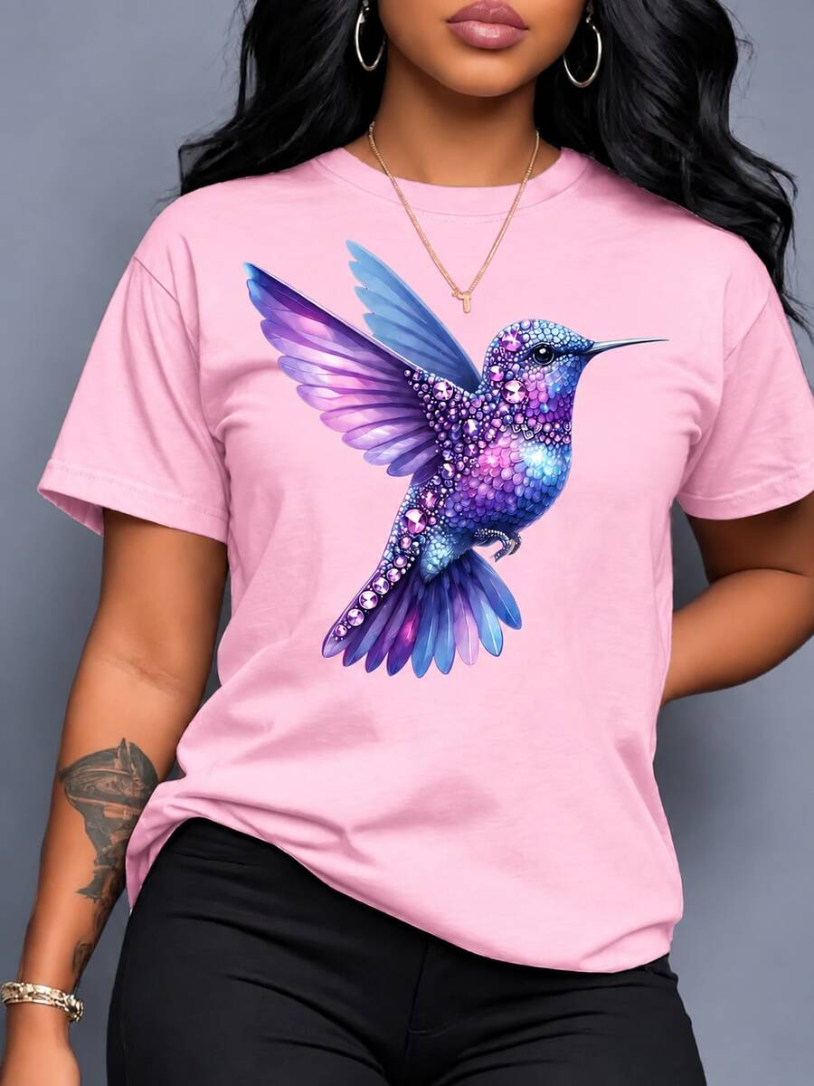 Women T-Shirts - Light Pink Purple Hummingbird - View 1