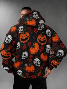 FRACTYR Men's Halloween Pumpkin Skull Rose Spider Web All-Over Print Sweatshirt, Holiday Streetwear Loose Casual Pullover - Black - View 3