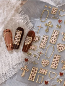 1 3D Leopard Print Cross Heart-Shaped Nail Art Luxury Sticker, Gold Border Retro Y2K Nail Art Decoration Sticker, Nail Charm Decoration Sticker - Multicolor - View 6