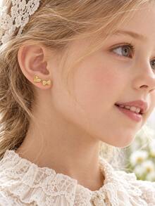 2pairs Gold Tone Rhinestone Heart & Bow Stud Earrings Cute Kids Girls Jewelry For Daily School Party Birthday Outfit Gift - Gold - View 1