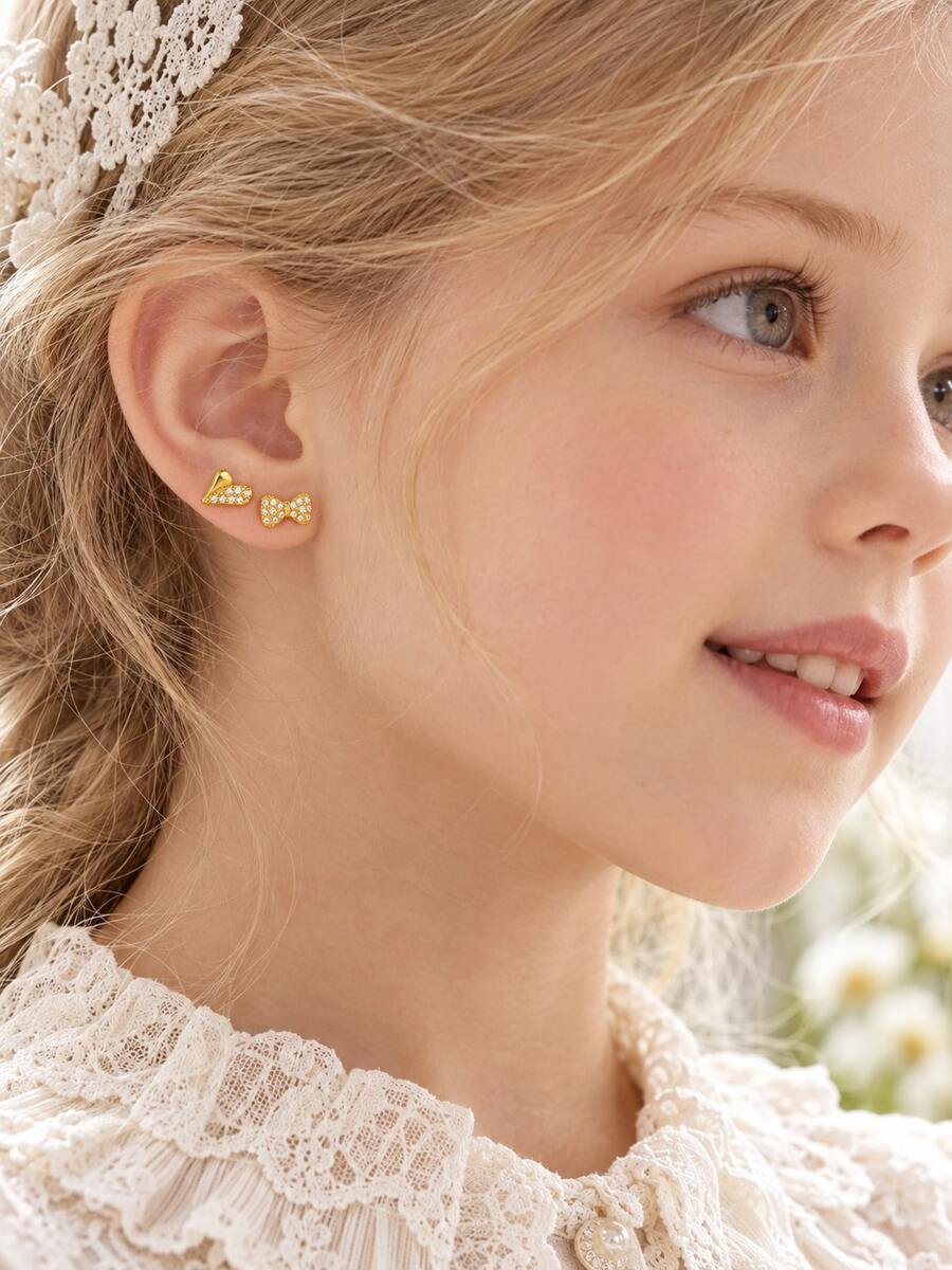 2pairs Gold Tone Rhinestone Heart & Bow Stud Earrings Cute Kids Girls Jewelry For Daily School Party Birthday Outfit Gift - Gold - View 1