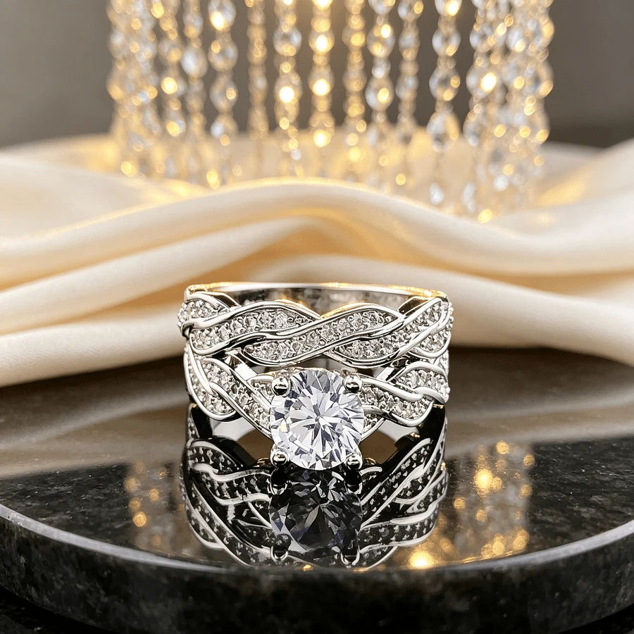 New Cross-Border Hot-Selling European And American Exquisite Fashion Minimalist White Zirconia Vine 2 Pieces Diamond Ring Band Wedding Couple Rings - Platinum - View 1