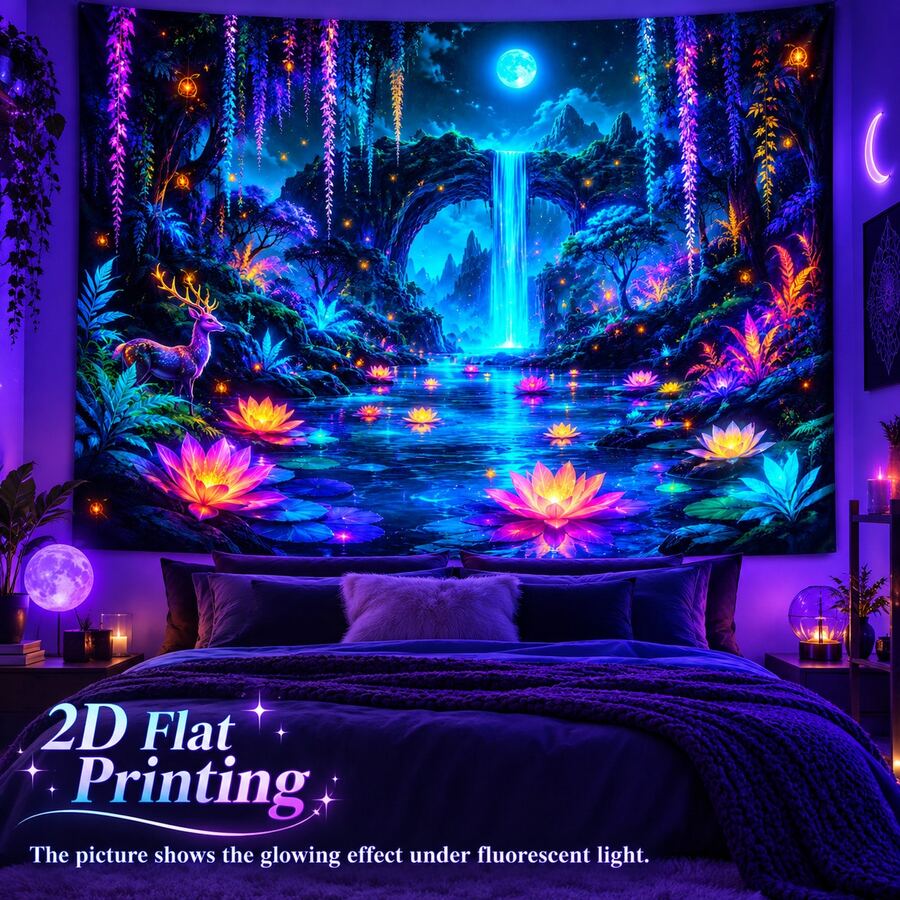 2D Flat Pattern, 1pc, Dreamy Wonderland Tapestry, Vibrant Colors, Fluorescent Stone Arch, Waterfall, Full Moon Pattern, Glows Under Fluorescent Light, Wall Decoration Backdrop, Party Decor - Multicolor - View 1