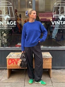 Women's Loose Solid Color Crew Neck Sweater, Drop Shoulder Long Sleeve Knit Pullover, Casual Autumn Daily Wear - Blue - View 4