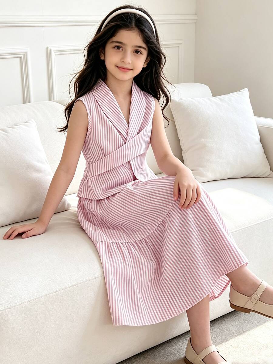 Left Mama Girls' Elegant Bow Decor Striped Sleeveless Top And Skirt Set, Suitable For Commuting And School Style - Pink - View 1