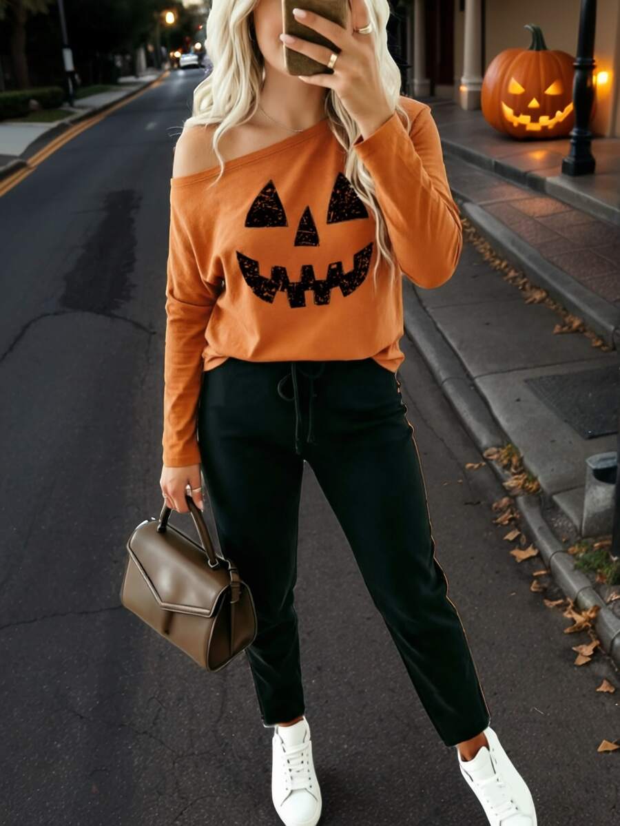 Casual Halloween Print Long Sleeve T-Shirt And Pants 2 Pieces Set - Orange - View 1