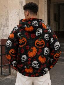 FRACTYR Men's Halloween Pumpkin Skull Rose Spider Web All-Over Print Sweatshirt, Holiday Streetwear Loose Casual Pullover - Black - View 1