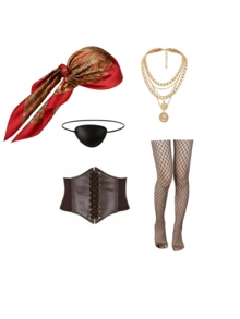 Women's 5-Piece Halloween Pirate Cosplay Accessory Set, Includes Headscarf, Eye Patch, Multi-Chain Necklace, Lace Corset Belt, Fishnet Tights, Suitable For Theme Party Outfits - Multicolor - View 7