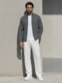 Men's Casual Versatile Minimalist Fashionable Stand Collar Ribbed Zip-Up Long Sleeve Cardigan Sweater Jacket Turn Collar Knit Top Autumn/Winter - Grey - View 5