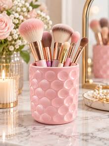 1pc Bow Makeup Brush Organizer Cup, Cute Bubble Textured Desktop Cosmetic Storage Holder, Vanity Bathroom Countertop Organizer For Brushes, Pens & Beauty Tools, Coquette Room Decor, Gift For Girls - Multicolor - View 3