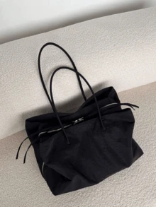 Dedoo Black Large Capacity Tote Bag, Casual Nylon Shoulder Bag, Lightweight Commuter Travel Handbag (Accessories Not Included) - Black - View 5