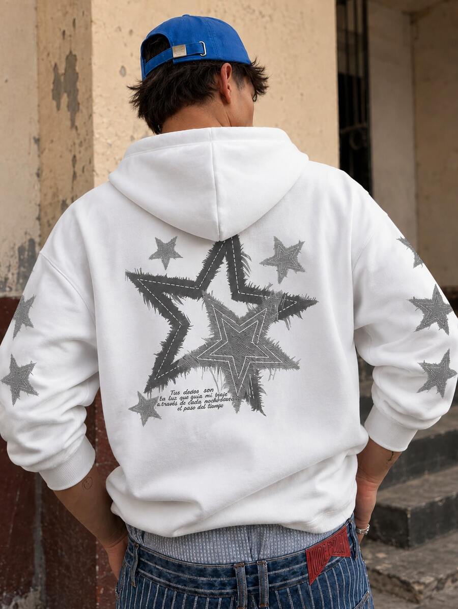 FRACTYR Men's Broken Star Element Five-Point Star Pattern Hoodie, American Vintage Y2K High Street Loose Casual Pullover - White - View 1